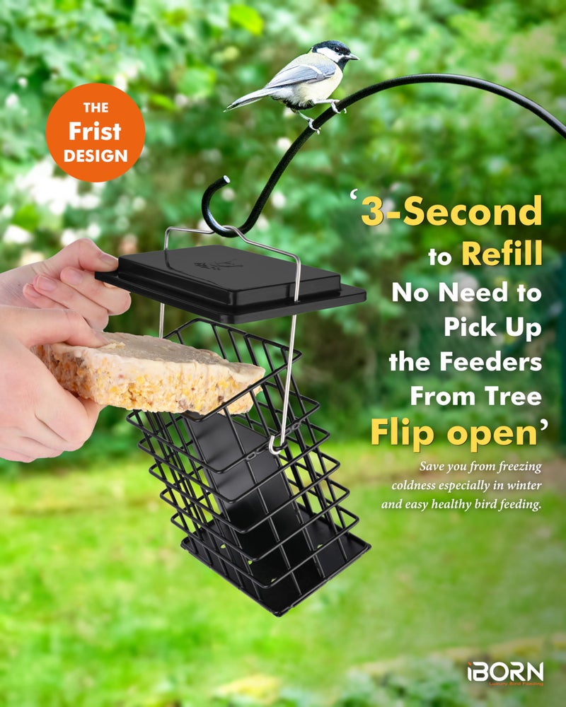 مغذيات الطيور من iBorn Suet Feeder [سعة مزدوجة] للتعليق الخارجي مع شبكة أطول لنقار الخشب المعدني الأسود (عبوة من 1) - Image 4